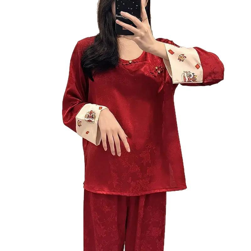 Women's Red Chinese Silk Pajamas Set - Year of the Rat Wedding Long Sleeve Homewear