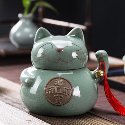 Ceramic Lucky Cat Tea Caddy – Ice-Cracked Glaze Sealed Jar for Tea, Candy & Snacks Storage
