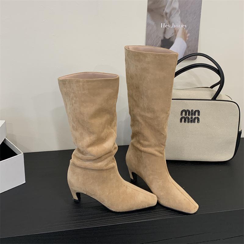 

Pile boots women s 2025 European and American style versatile pointed cowboy boots slim wide tube high heel but knee boots 40 хаки