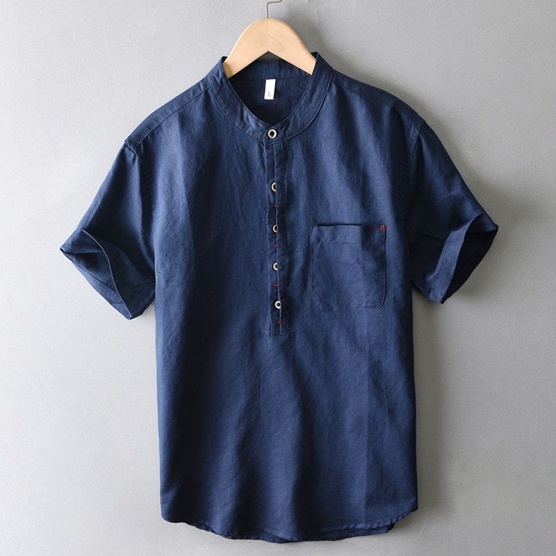 Summer Chinese Style Japan fashion Retro Stand Collar Linen Shirts Men's New Chinese Cotton Linen Short sleeve Shirt T-shirt Thin