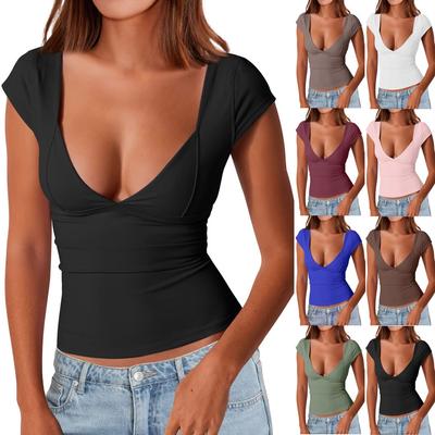 Women's Sexy Deep V Neck Backless Top Short Sleeve Slim T Shirt