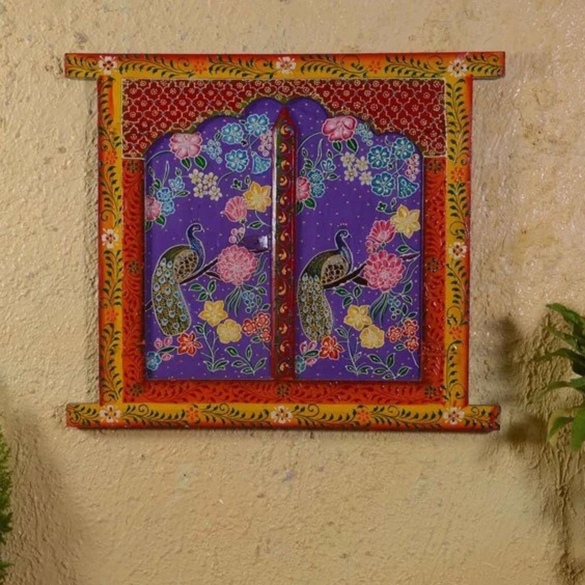 

Painted Peacock Jharokha: Antique Wooden Wall Window, Ethnic Indian Art разноцветный