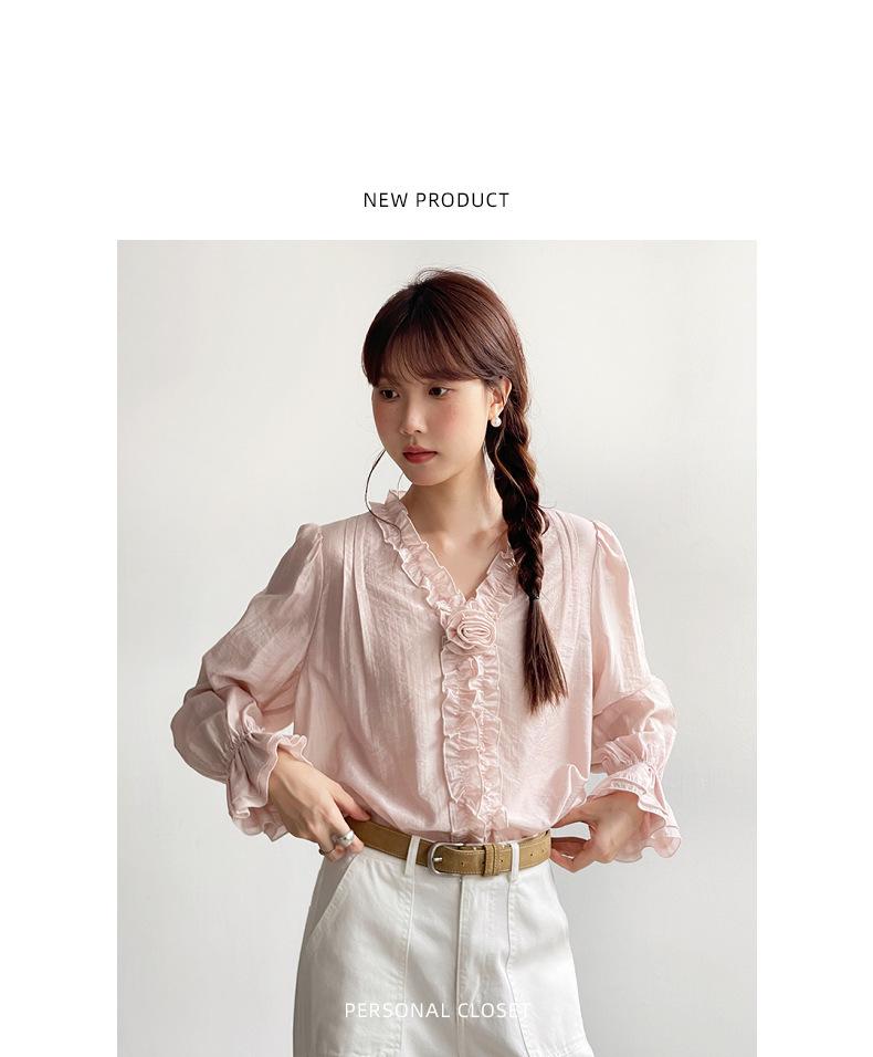 Camisa Feminina Ge Ming com Flores 3D e Manga Sino - Top Retro Francês de Primavera