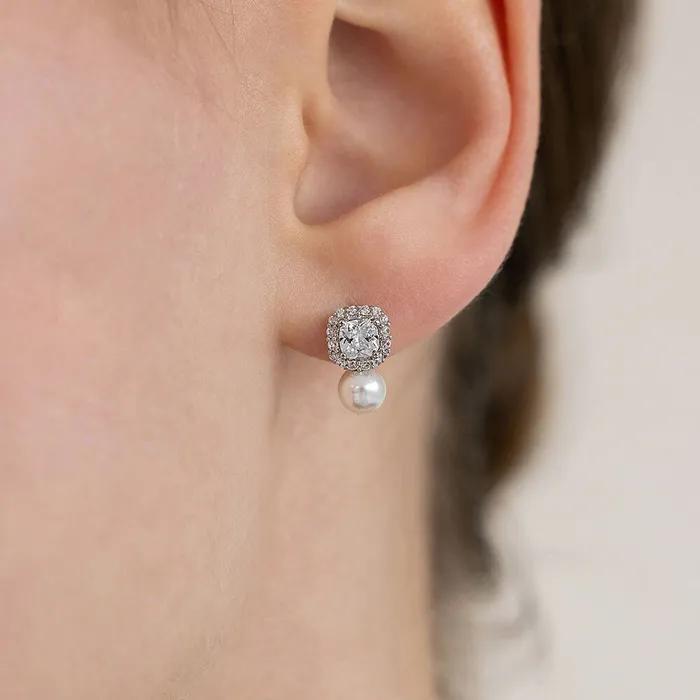 Cushion Cubic Pearl Drop Earrings EC3302