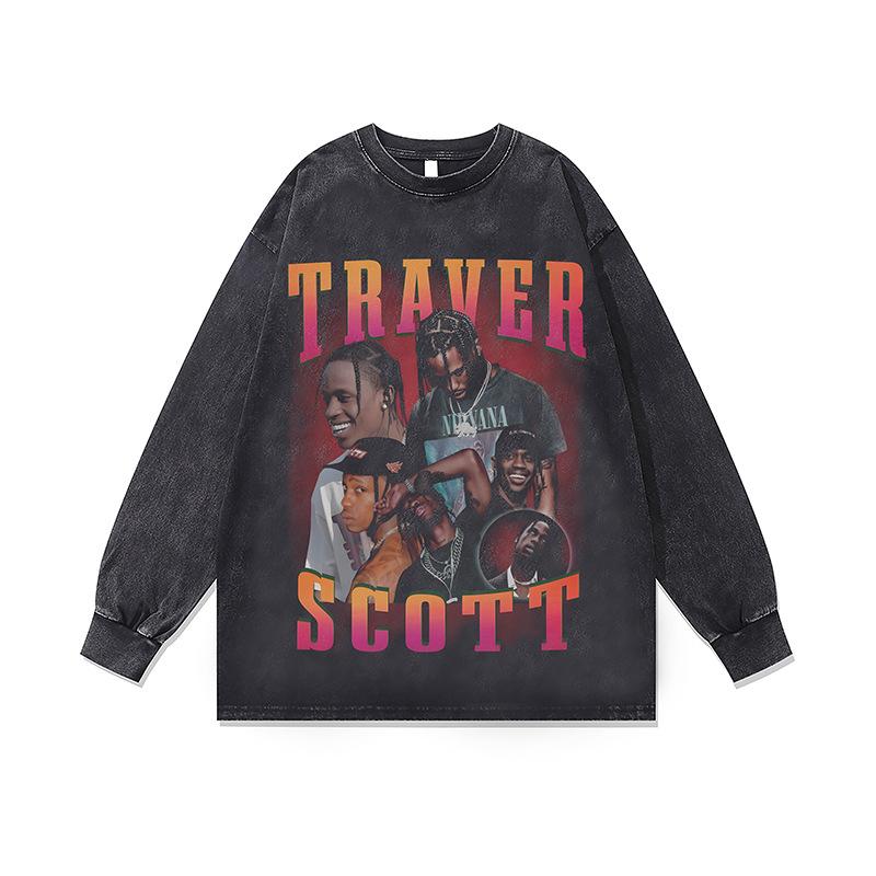 Hip Hop Rap Portrait Print Vintage Washed Long Sleeve T-Shirt Fall And Winter Loose Cotton Crew Neck Base Shirt For Men