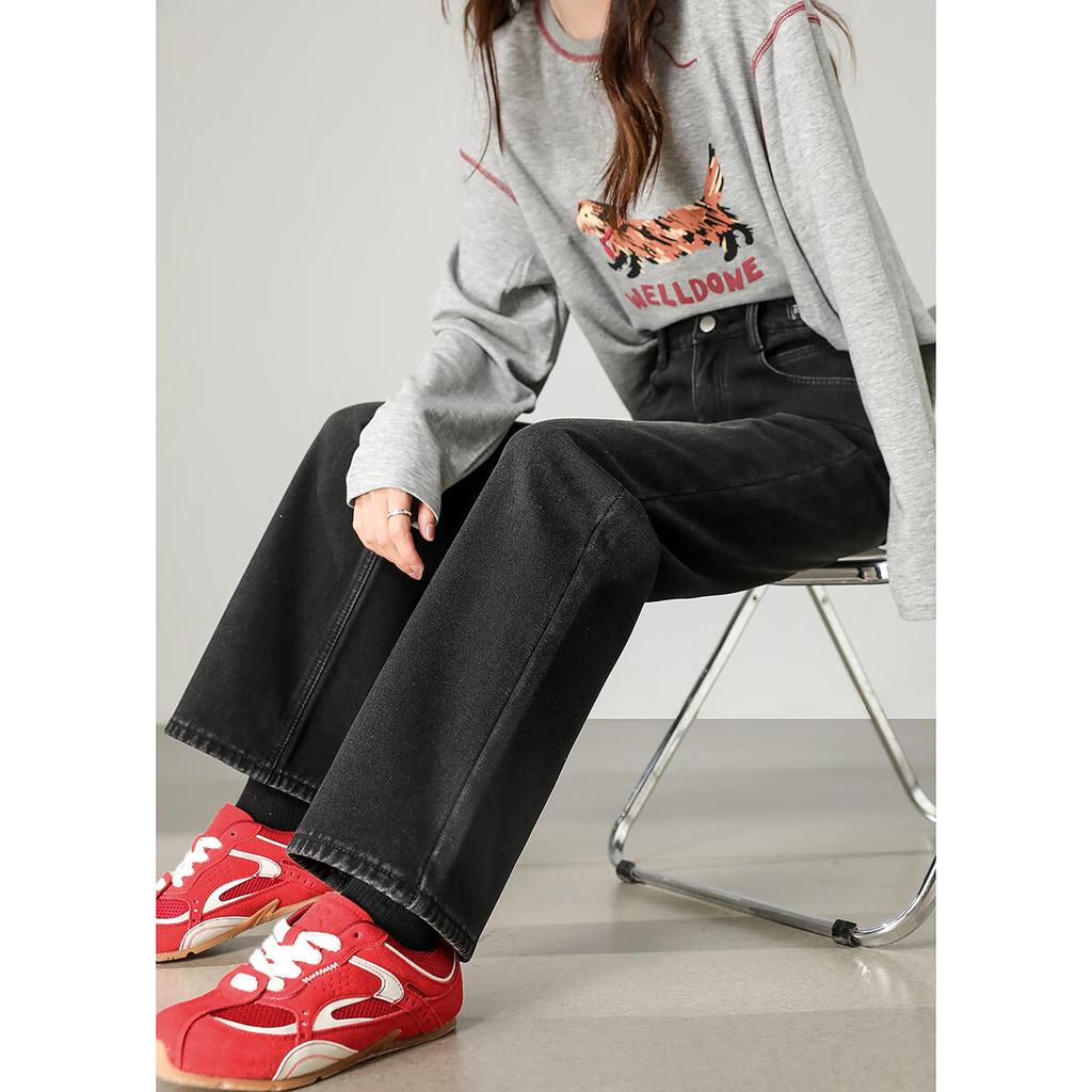 TonLion Autumn Winter Women's Basic Fleece-Lined Straight-Leg Denim Jeans