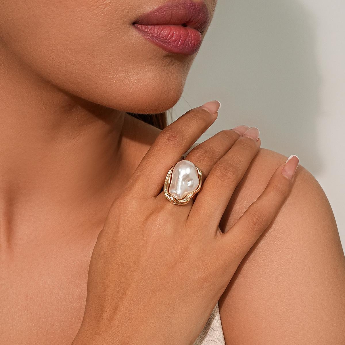 Imitation pearl ring set European and American exaggerated accessories light luxury retro design open flower ring