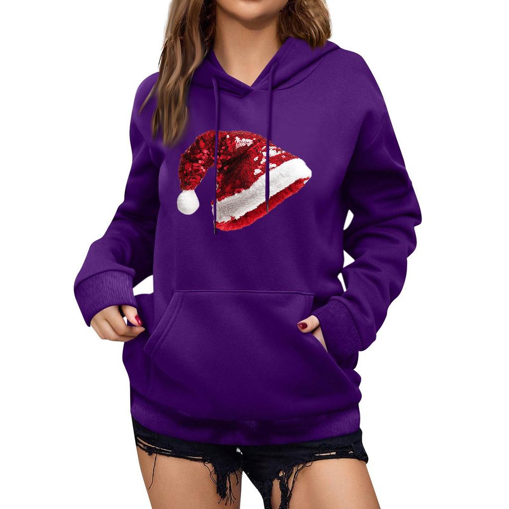 Damen Winter Weihnachten Bedruckter Pullover Kapuzenpullover Fleece Langarm Sweatshirt