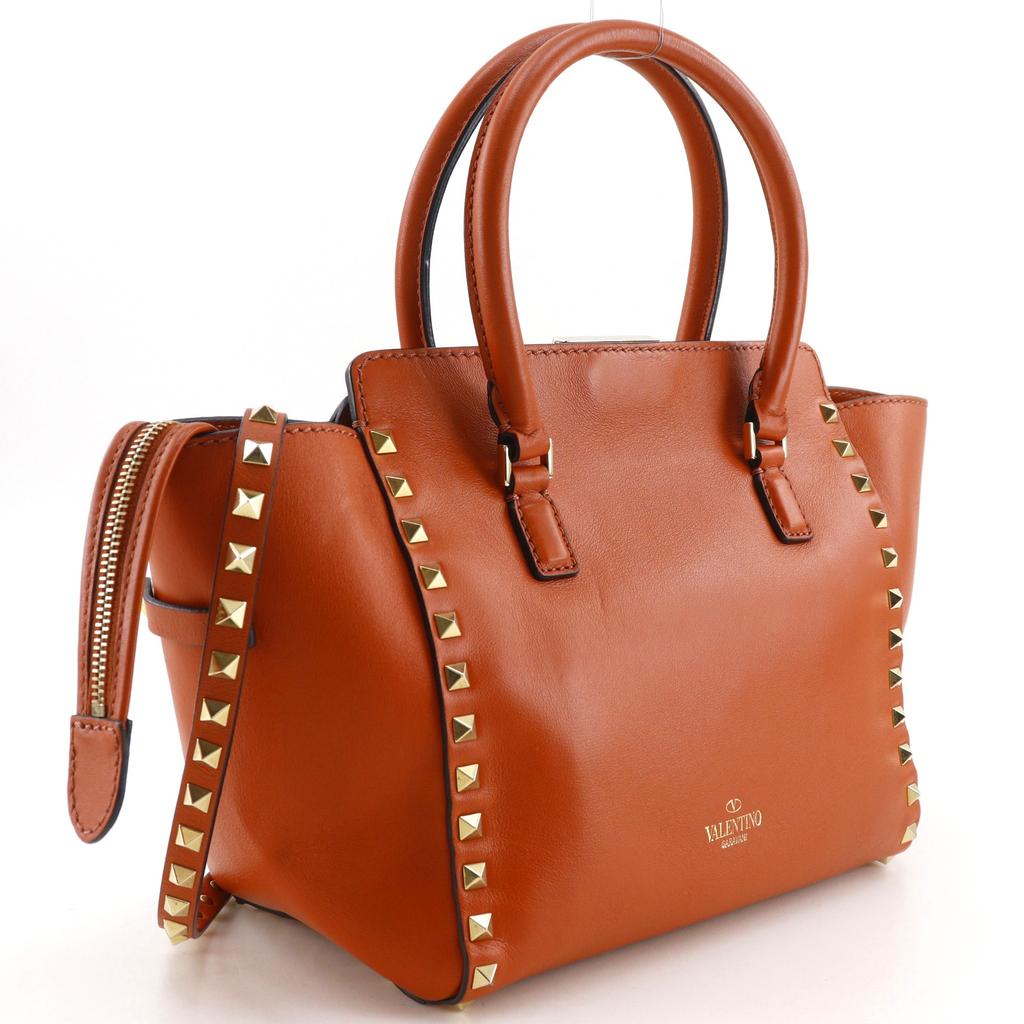 VALENTINO GARAVANI Rock studs Handbag 2WAYShoulder Orange Calfskin Women Used