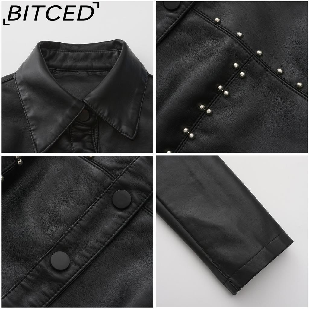 BITCED Women's Spring/Autumn Studded Leather Jacket Cardigan Button-Up Leather Clothing Fashionable Lightweight Outerwear