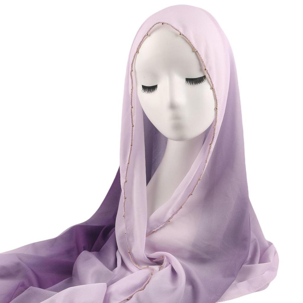 Gradient Pearl Chiffon Beaded Chain Long Scarf - Hui Muslim Malay Middle Eastern Headscarf