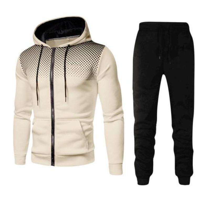2024 Men Autumn Winter Polka Dots Hoodie Zipper Closure Breathable Elastic Waist Drawstring Sweatpants Coat Set Clothing