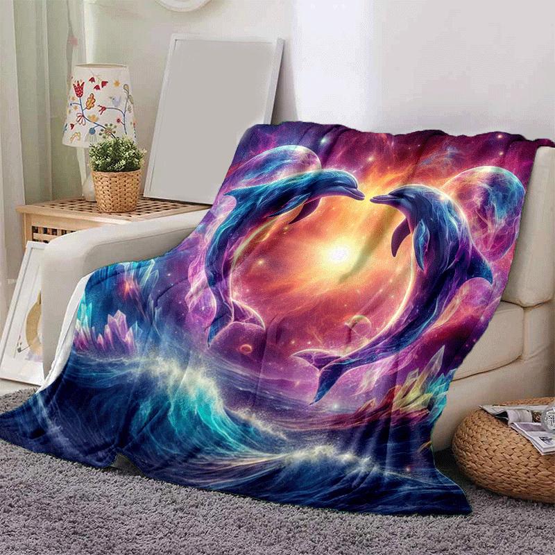 1pc Dolphin Printing Lightweight Flannel Blanket, Comfortable and Warm Blanket, for Camping Sofa Bed and Couch Office, in All Seasons