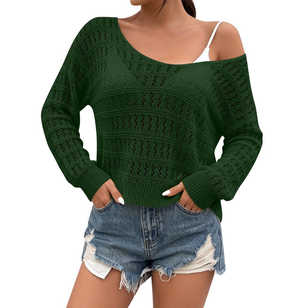 Women’s Long Sleeve Crochet Knit Pullover Sweater Scoop Neck Lightweight Loose Fit Hollow Out Design Top