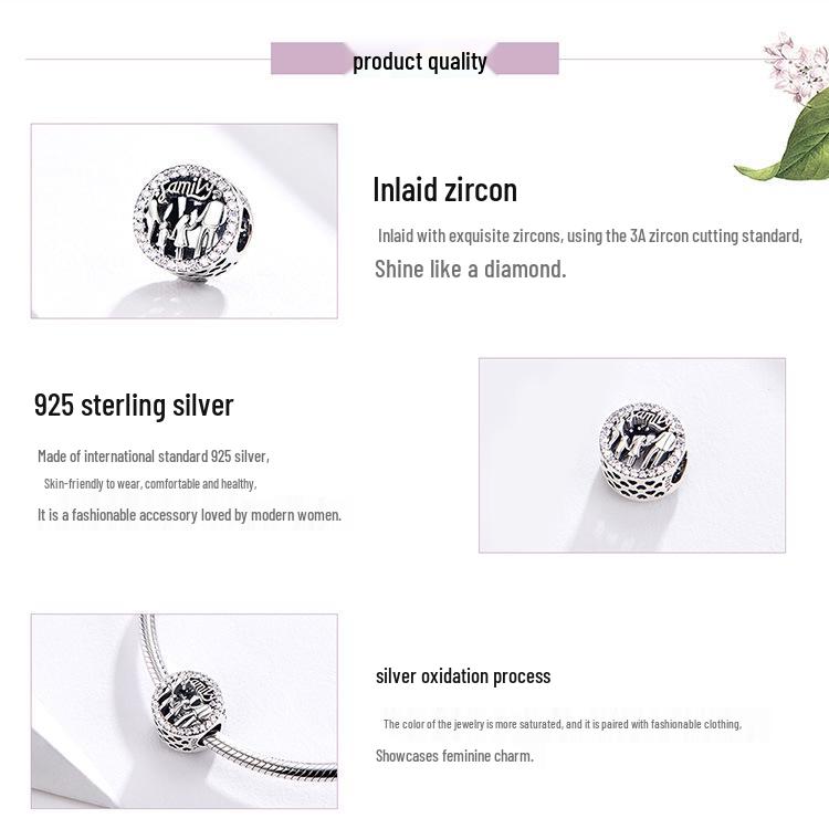 S925 Sterling Silver Family Charm Beaded Bracelet DIY Jewelry Accessory SCC1184