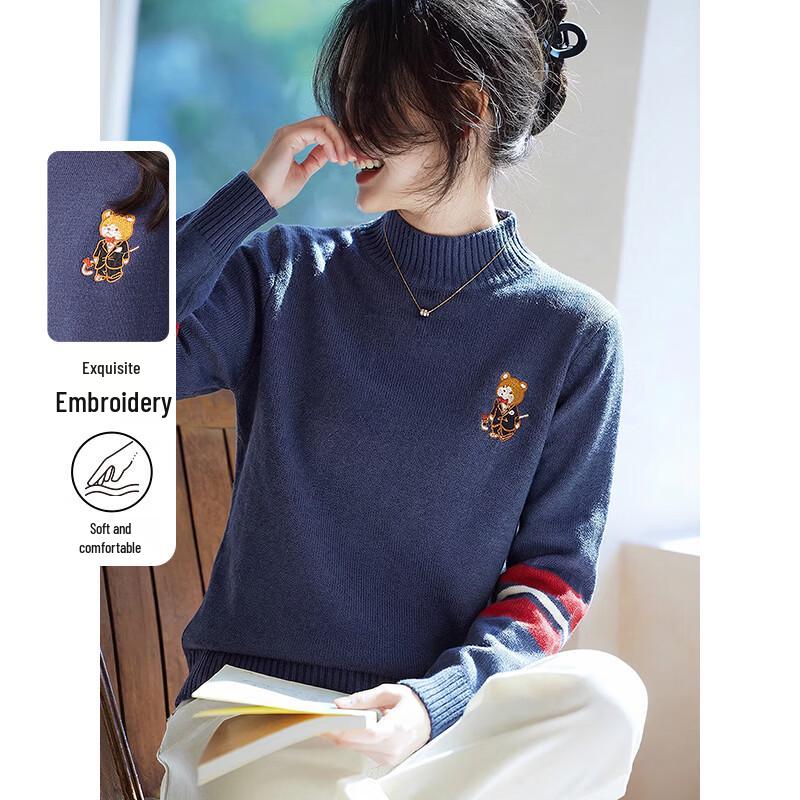 

Women s Half-High Collar Bear Embroidered Knit Sweater One Size