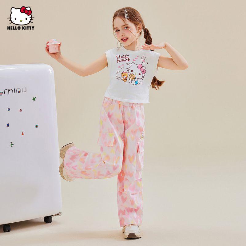 Hellokitty Girls' Summer Suit 2025 New Style Short-Sleeved Wide-Leg Pants Cartoon Two-Piece Set for Older Children