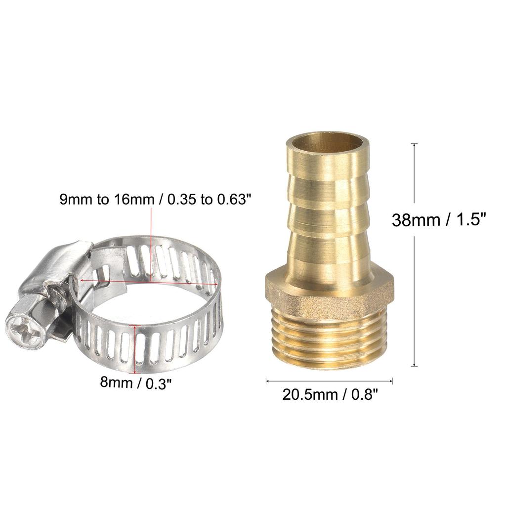 uxcell Brass Hose Barb Fitting Straight 14mm x G1/2 Male Thread Pipe Connector with Stainless Steel Hose Clamps 2 Pack
