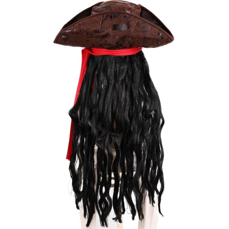 Adult Men's Caribbean Pirate Hat Wig Halloween Stage Performance Pirate Captain Costume Wig Party Accessories Jack Sparrow Wig