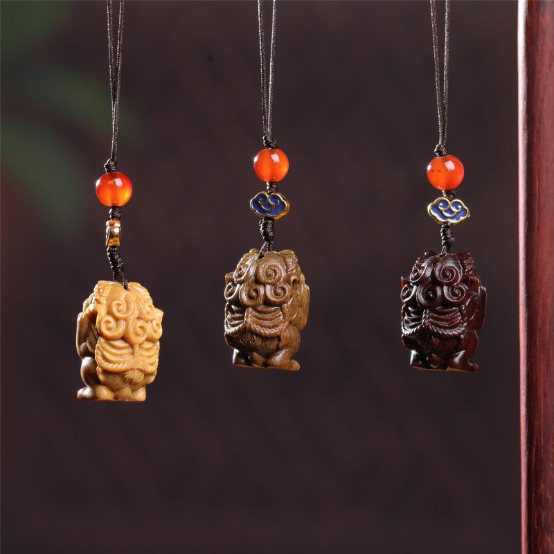 Waking Lion Zodiac Rabbit Wood Carving Keychain Pendant Ornament Gift