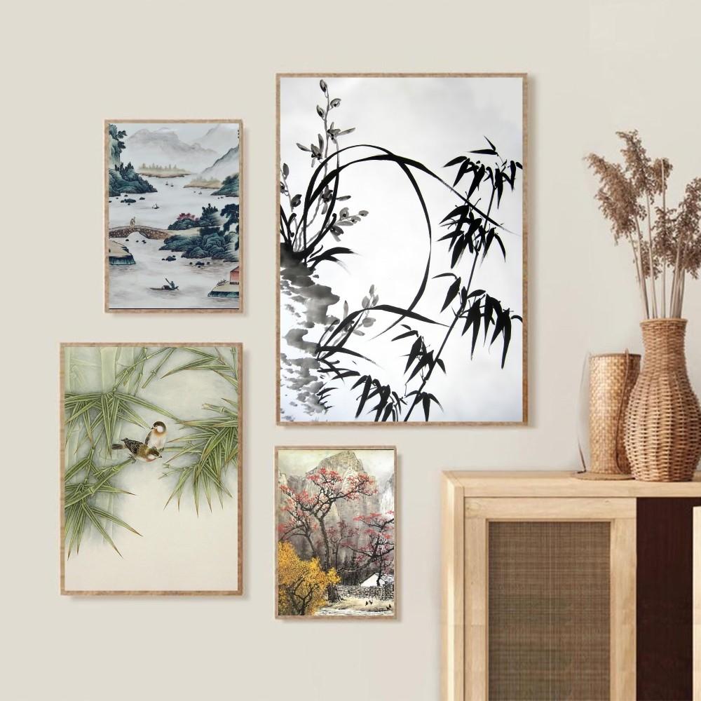 1pc Traditional Chinese Feng S-Shui Plum Orchid Bamboo Landscape Self-adhesive Art Poster Waterproof Paper Sticker Wall Decor