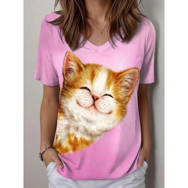 Summer Women's T Shirt Graphic Animal Cat Cute Stylish Casual Short Sleeve V Neck Regular Tops Daily Printed Y2K Tees