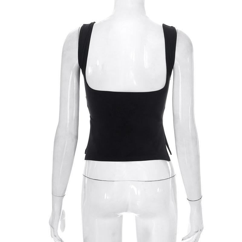 Y2K Europese en Amerikaanse zomer effen kleur vierkante hals Sling gevouwen open rug tanktop T-shirt voor dames