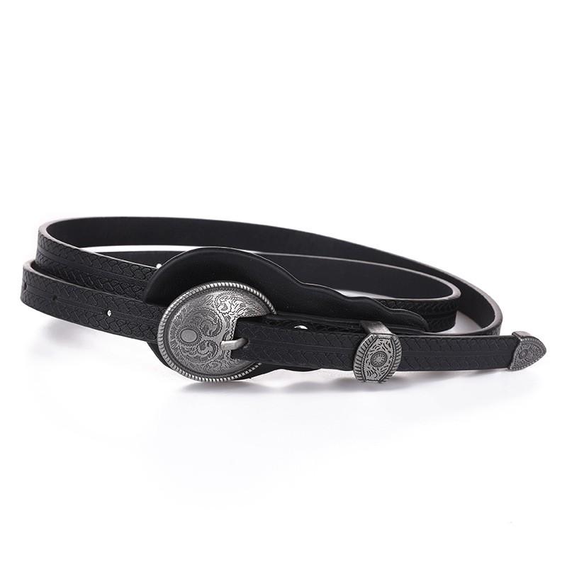 Womens Vintage Boho Carved Leather Belt Thin Width Adjustable Waistband Jeans Casual Outfits Black