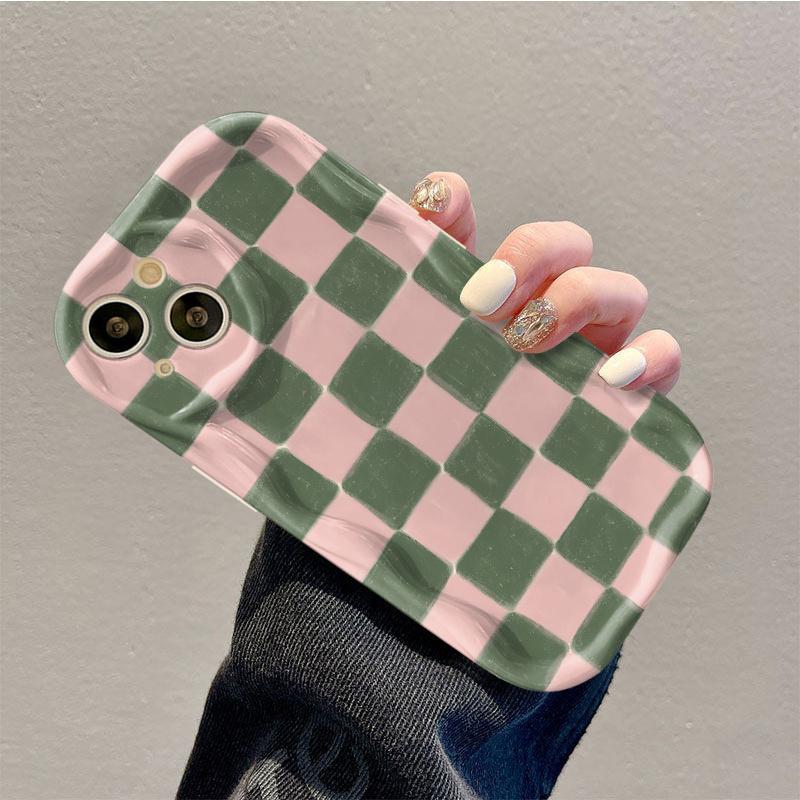 Fashion Pink Green Grid Printed Wavy Phone Case For iPhone 11 12 13 14 15 16 17 Pro Max XS Max XR X 16E 17Air Soft Back Cover