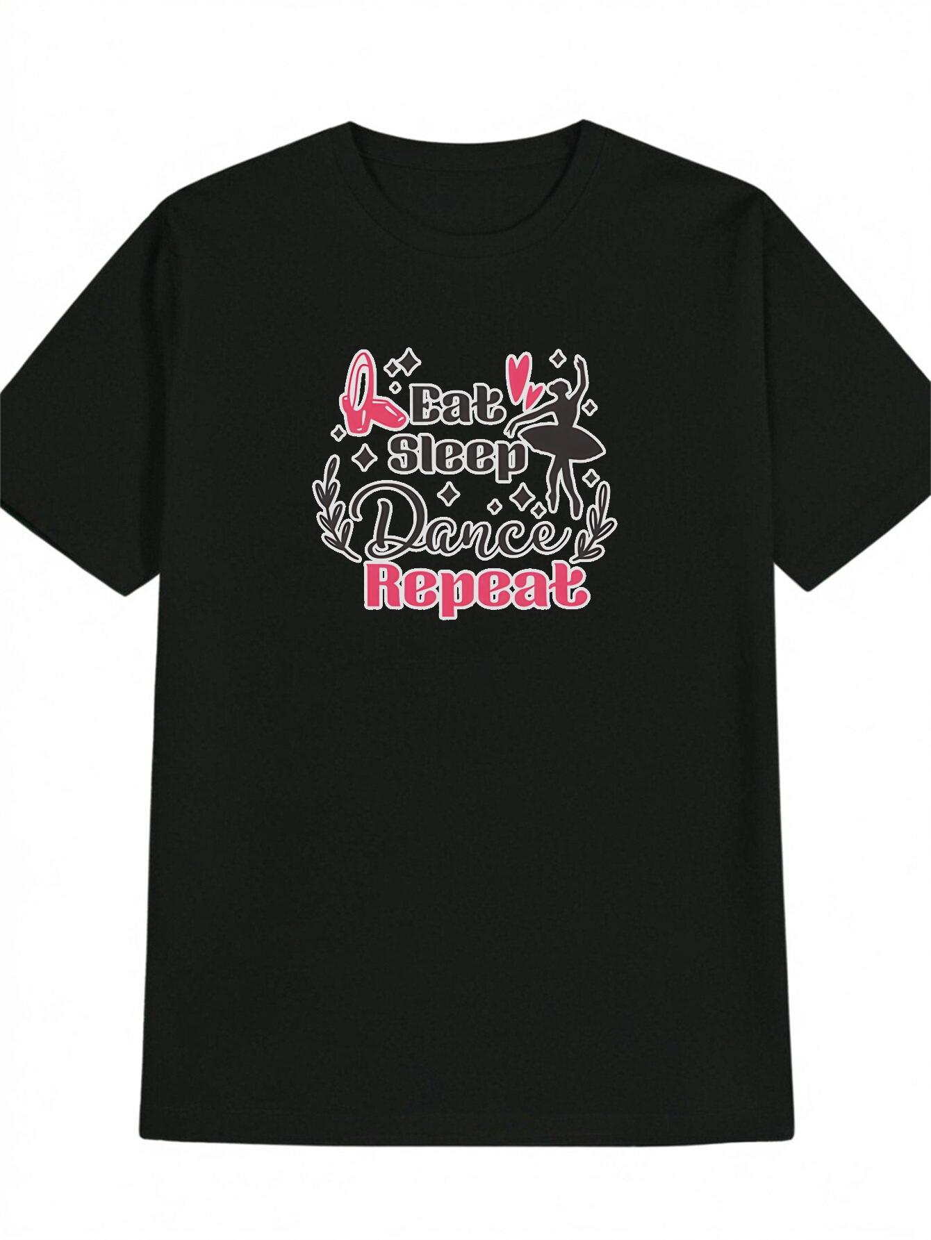 Eat Sleep Dance Repeat Graphic T-shirt - Pink Ballet Shoes & Black Dancer Silhouette with Stars S