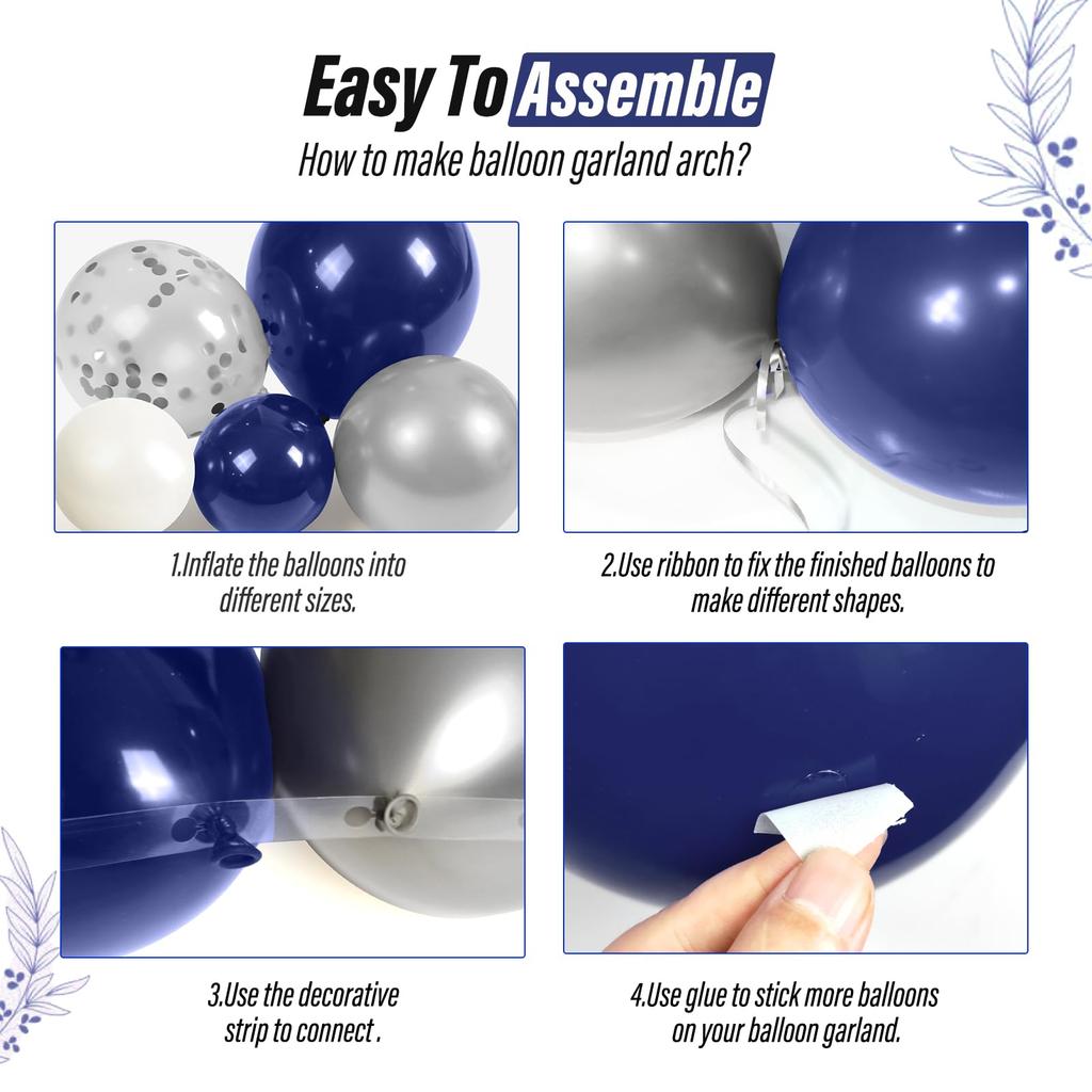 En Stock 132pcs Guirlande de Ballons Bleu Marine Blanc Ballons Confettis Métalliques Argentés pour Anniversaire Baby Shower Mariage