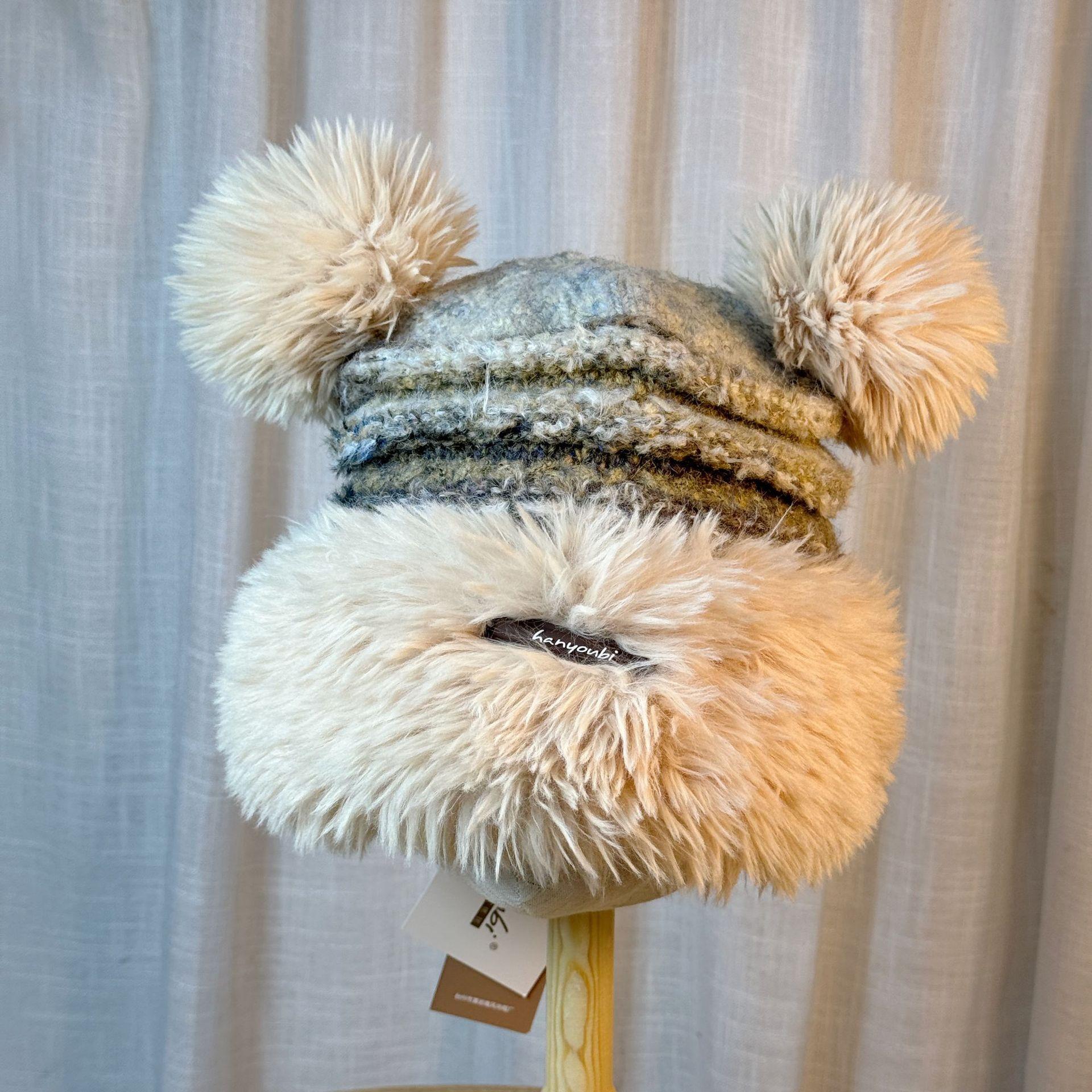 

Милая плюшевая шерстяная шапка с медвежьими ушками для женщин на осень и зиму, утолщенная, ветронепродуваемая, теплая и универсальная, удобная вязаная шапка adjustable