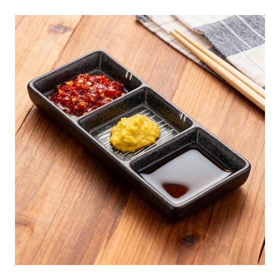 Japanese Style Ceramic 3-Compartment Dipping Dish with Chopstick Rest - Black, Microwave/Dishwasher Safe, Stackable, Perfect for Sauces, Appetizers,