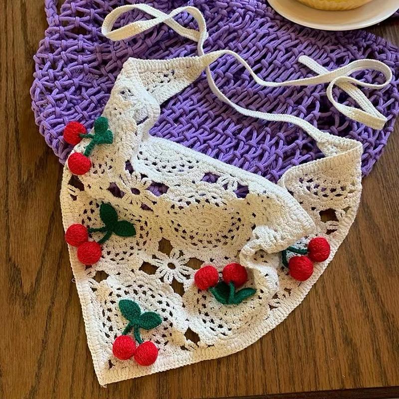 Knitted Triangle Headband Cute Little Cherry French Pastoral Style Headband Towel Crochet Flower Headscarf