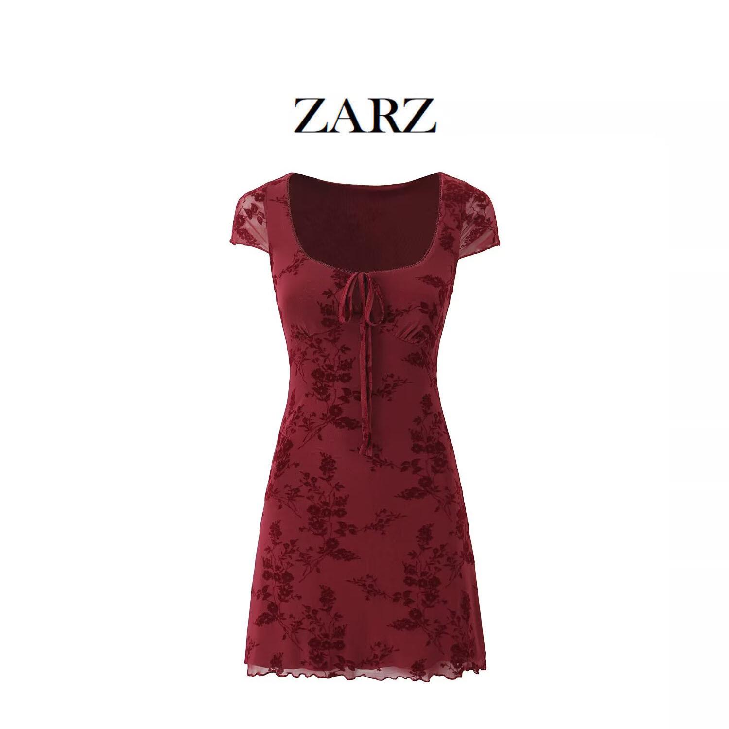 

ZARZ Women s Classic French Floral Tie-Up Short-Sleeve Dress Medium вино красного