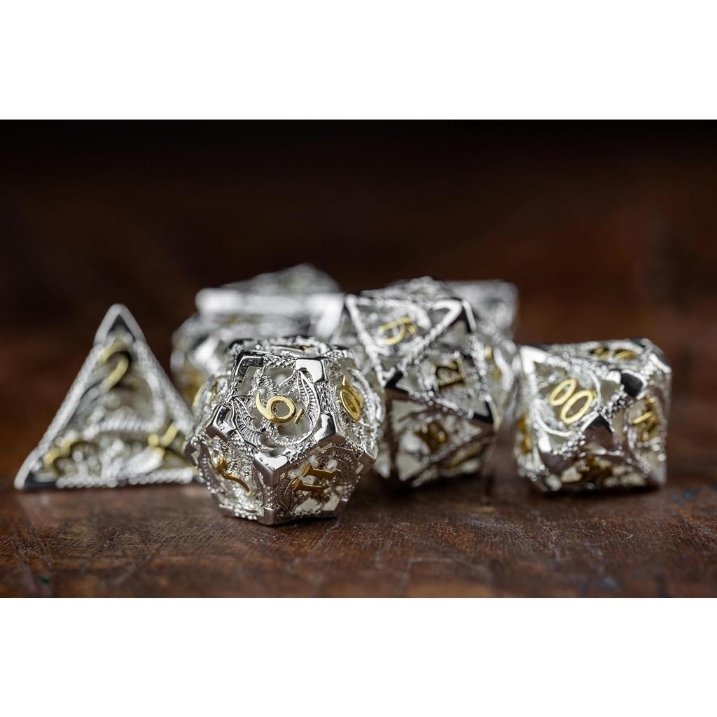 7-Die Dice DND, Aura of Courage, Hollow Metal Silver Dice for D&D, Polyhedral D and D Dice for Dungeons and Dragons Gift