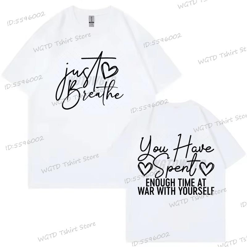 Just Breathe Heart Design T-shirt Inspirational Quotes Graphic Tee Trendy Mothers Day Gifts Positive Crewneck Short Sleeve Shirt