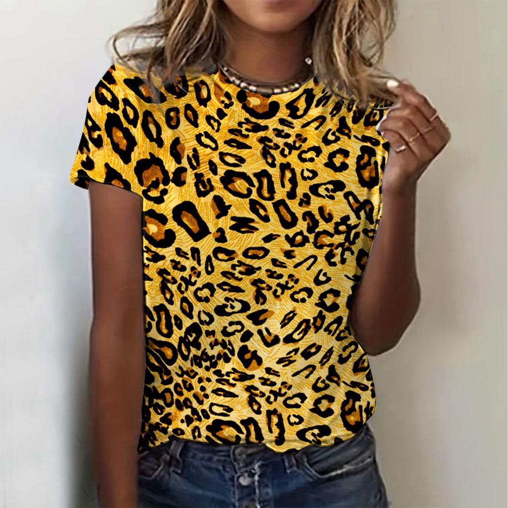 Summer Women's Classic Versatile T-Shirt, Stylish Short-Sleeve Leopard Print Color Block Casual Crew Neck T-Shirt