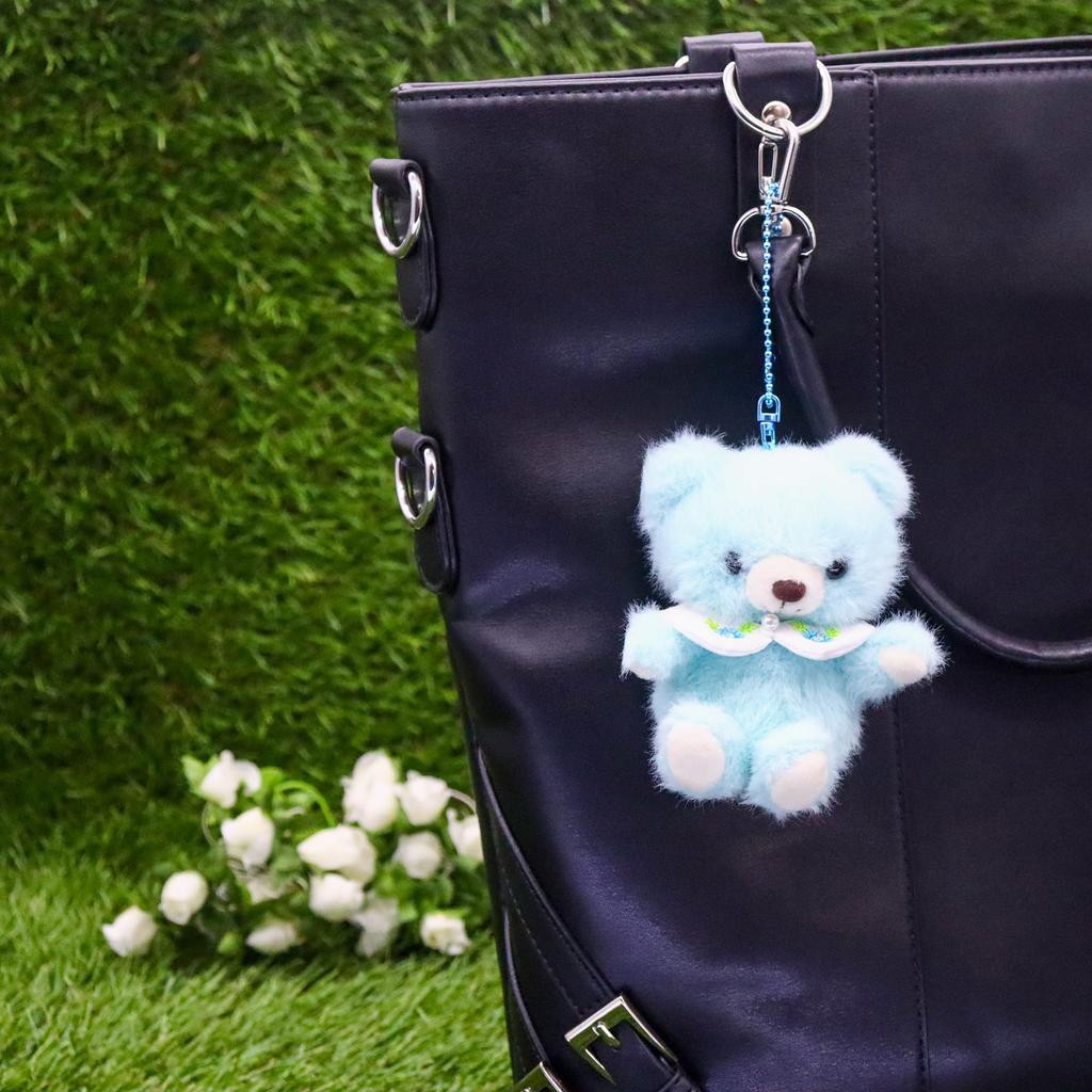 Take Off Baby Bear Drop Plush Keychain Retro pastel colored bear with cute floral embroidery on collar Blue
