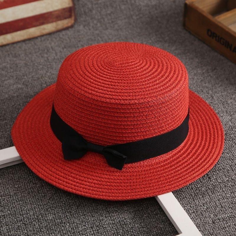 Women's Flat Top Vacation Straw Hat Solid Color Wide Bow Bow Hat Sunscreen Beach Hat