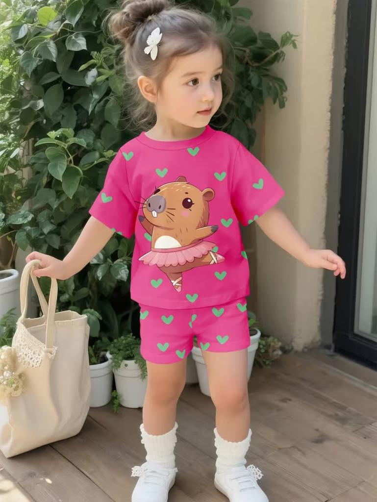 Girls Summer 2 Piece Set Cute Capybara Animal Print Short Sleeve Top And Shorts Casual Outfit For Kids Daily Wear