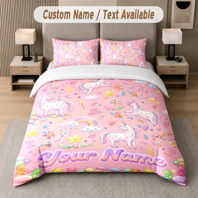 Unicorn Theme Custom Text Or Name 3Pcs Bedding Set 1 Flat Sheet & 2 Pillowcases Personalized Home Bedding