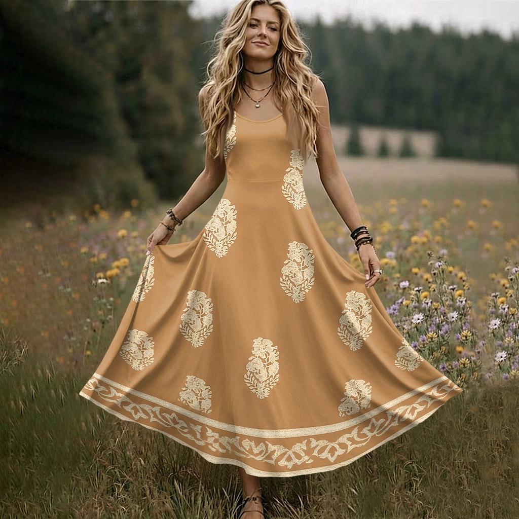 Women’s Sleeveless V Neck Maxi Dress with Spaghetti Straps and Floral Print Loose Fit Summer Long Dress for Daily Wear