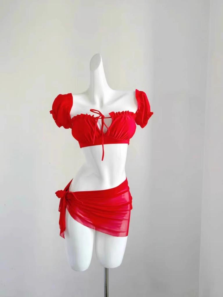 European and American style sexy swimsuit women's summer 1011 new vacation bikini red size chest gathering hot spring swimsuit
