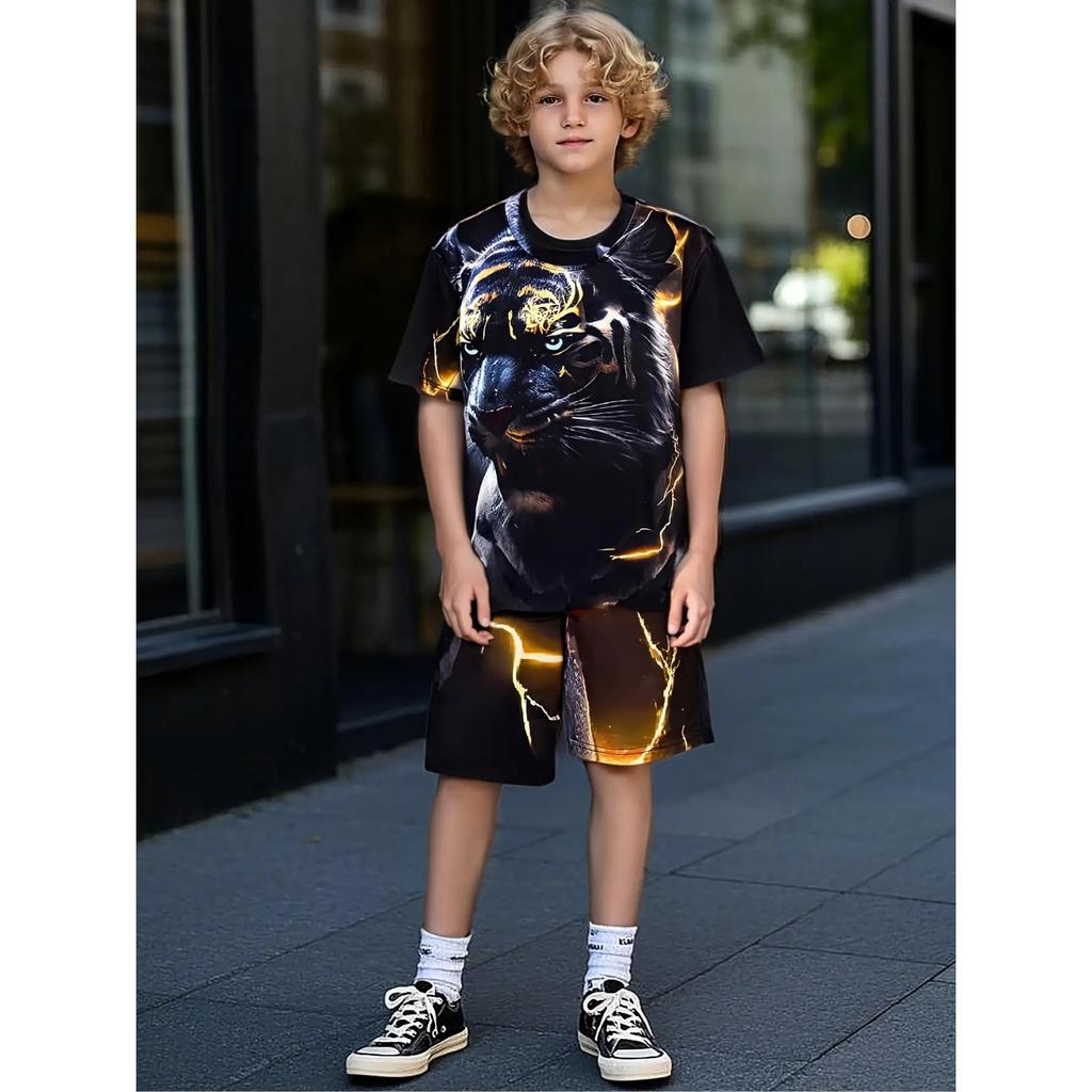 Boys' Casual 3D Lightning Tiger Print Round Neck Set, Short Sleeved Two-piece Set, Suitable for Outdoor Sportswear