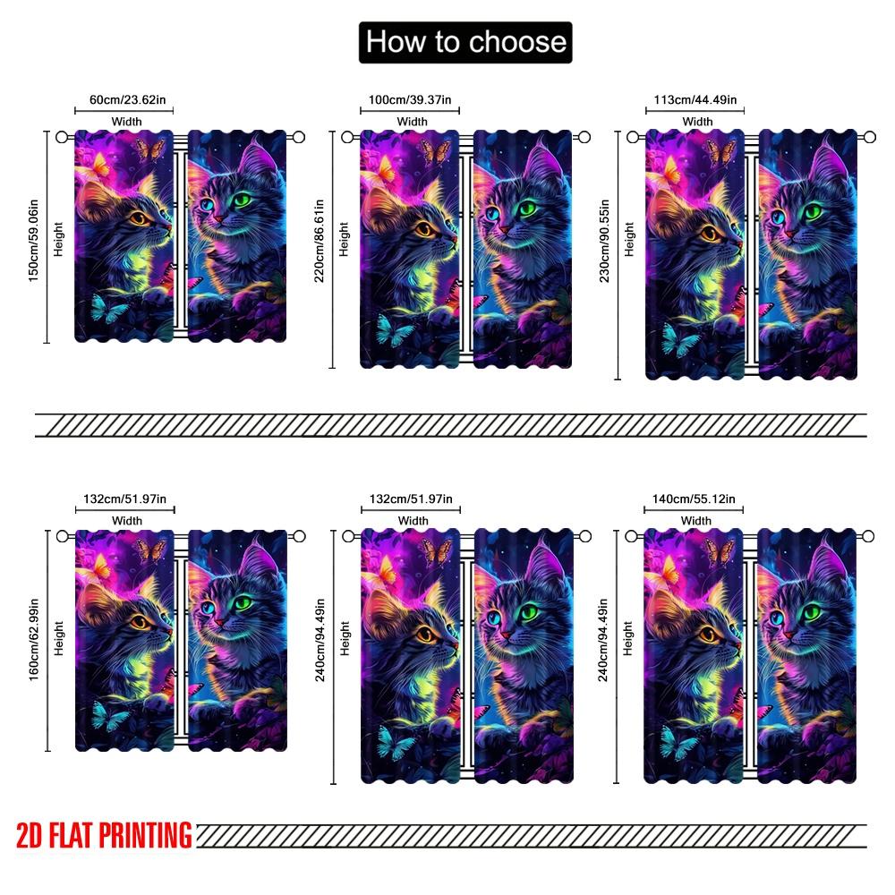 2pcs,2D Plane Printing Light Filtering Curtains Neon Cat Dreamscape Versatile 100% Polyester (without Rod) All Seasons for