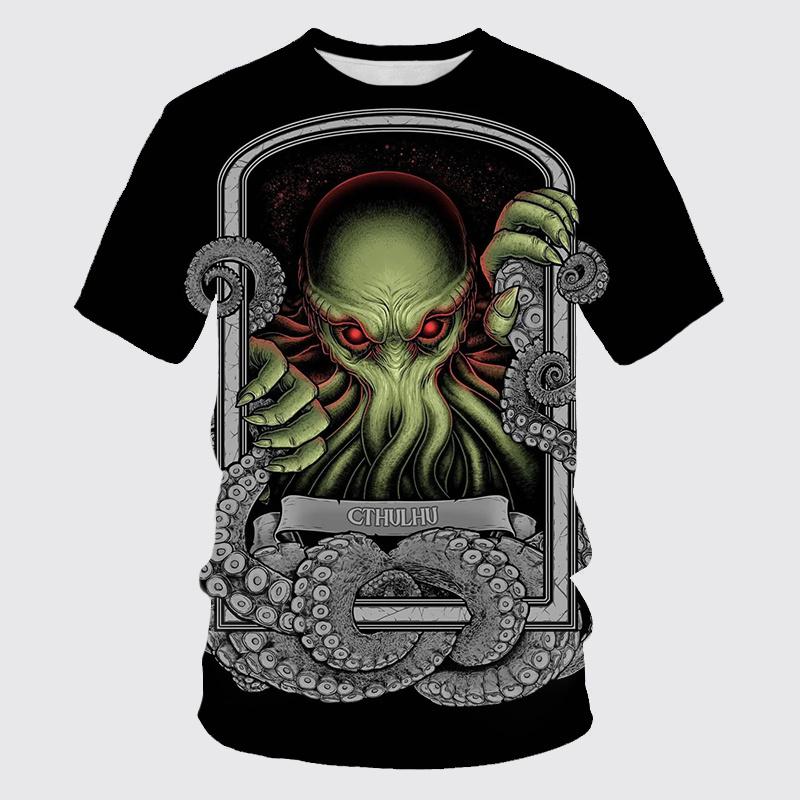 Horror Cthulhu 3D Print T-shirt For Men Clothes Summer Loose Short-sleeves Cool Streetwear T Shirt Casual Round Neck Tees Tops