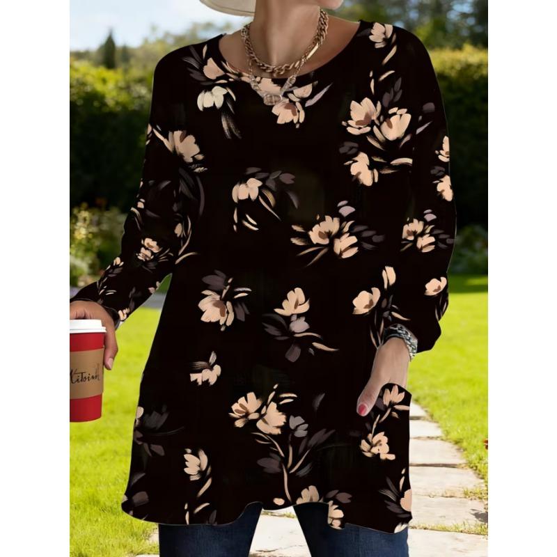 Women's long-sleeved round-neck T-shirt, suitable for spring, autumn and winter seasons. It has pockets and print designs. machine washable.