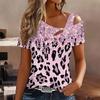 Women Splicing Leopard Print Stitching Print Cold Shoulder Short Sleeve T Shirt Irregular Cutout Neck Casual Summer Blouse Top