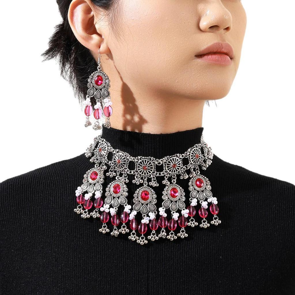 Retro Exotic Style Necklace and Earrings Jewelry Set with Multiple Oval Bead Strands
